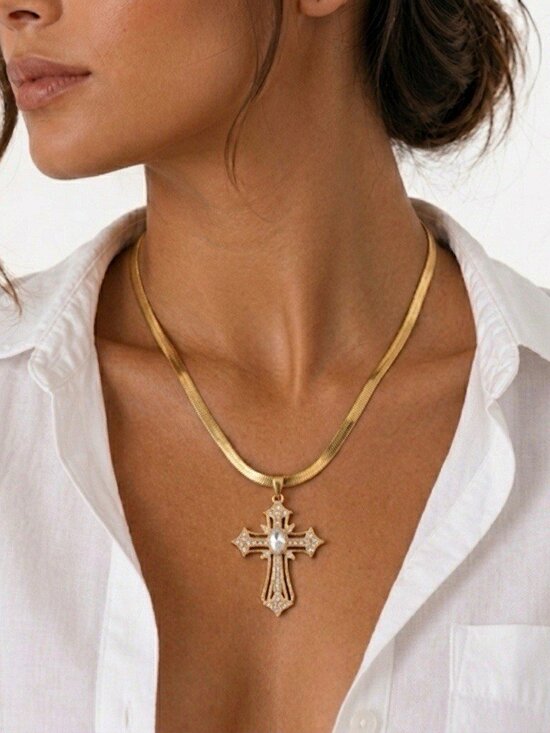KB Jewelry - 18K Gold Plated Stainless Steel Cross Necklace Herringbone Chain 16"+2"
